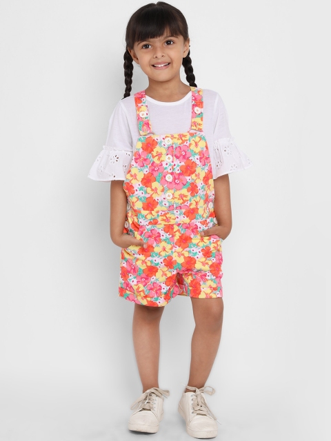 

Nauti Nati Girls Orange Printed Dungarees With Tshirt, White