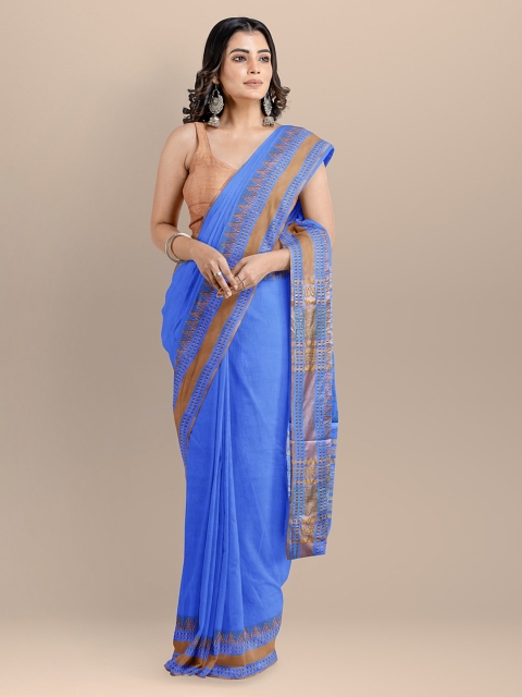 

BharatSthali Blue Pure Cotton Solid Maheshwari Saree