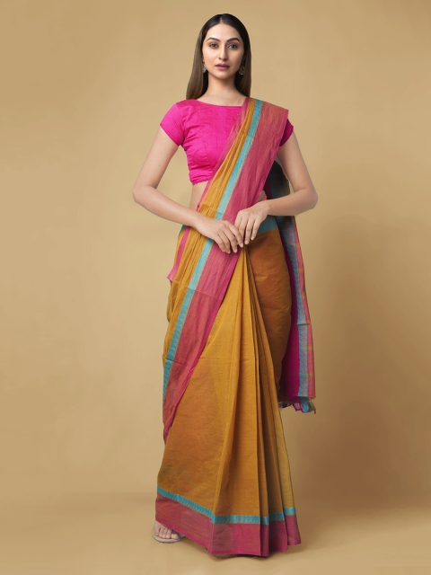 

Unnati Silks Yellow Pure Cotton Solid Mangalagiri Saree