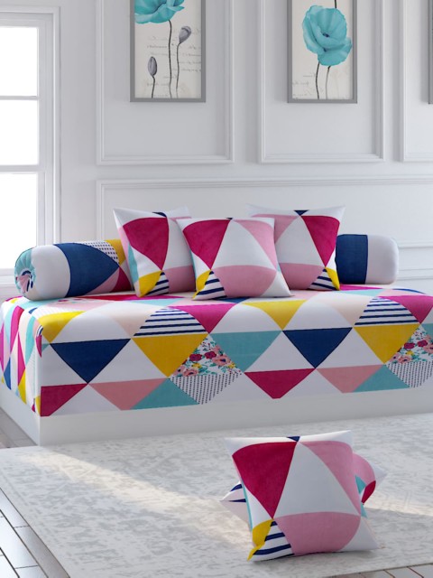 

Bromwick Set Of 8 White & Pink Printed Bedsheet With Bolster & Cushion Covers, Multi