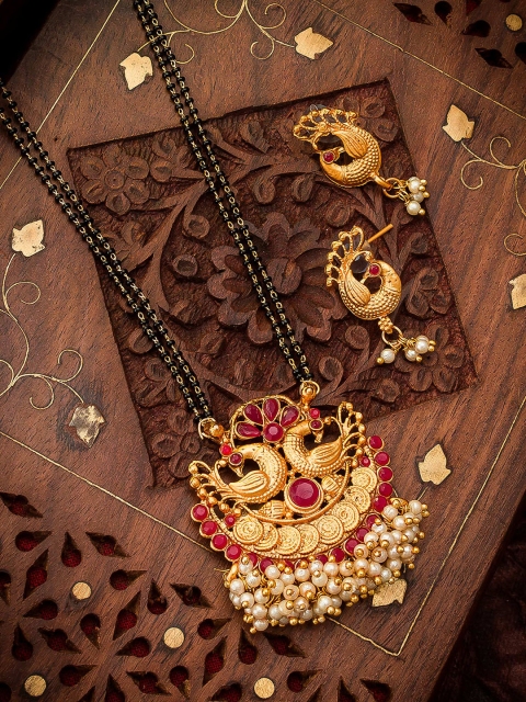 

aadita Gold-Plated Peacock Design Meenakari and Pearls Mangalsutra With Earrings