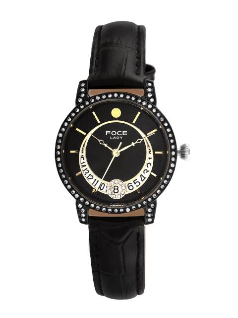 FOCE Women Black Embellished Dial & Leather Straps Analogue Watch - FWWA20BBL-BLACK