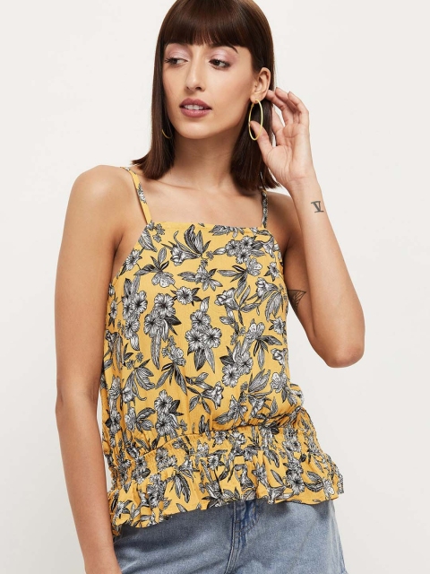 

max Yellow & Black Floral Printed Regular Top