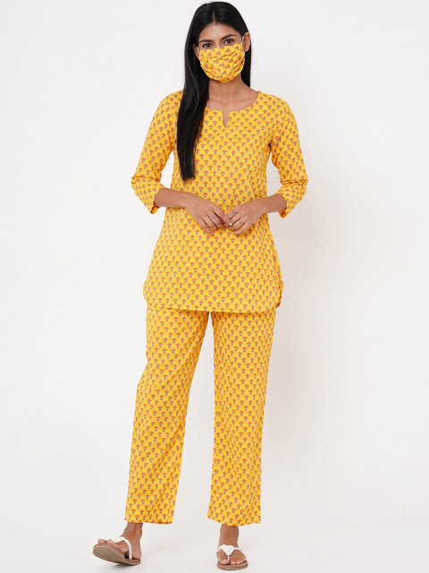 

FASHOR Women Yellow Printed Kurti with Palazzos with 2 Ply Mask