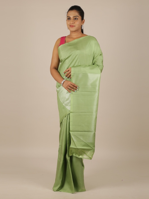 Pothys Green & Silver-Toned Pure Silk Solid Kanjeevaram Saree