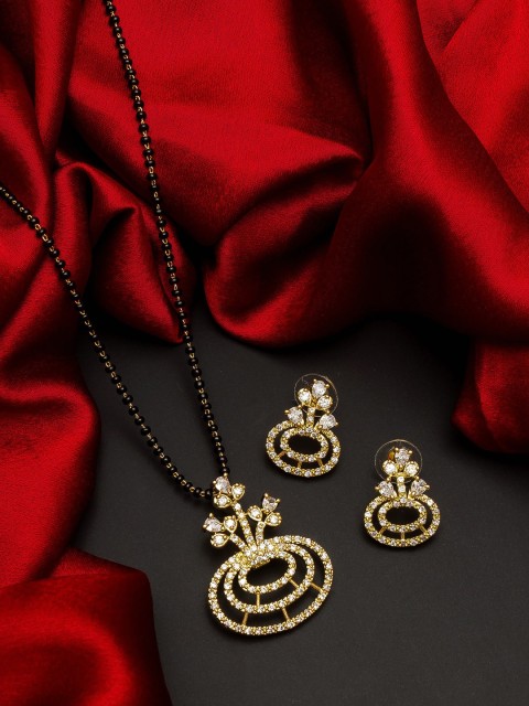 

aadita Gold-Plated Black & White Stone-Studded & Beaded Mangalsutra With Earrings
