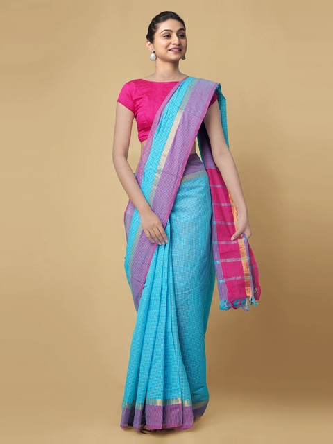 

Unnati Silks Blue Pure Cotton Checked Mangalagiri Saree