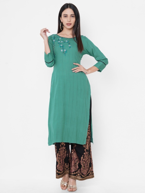 

FASHOR Women Sea Green & Black Embroidered Kurta with Palazzos