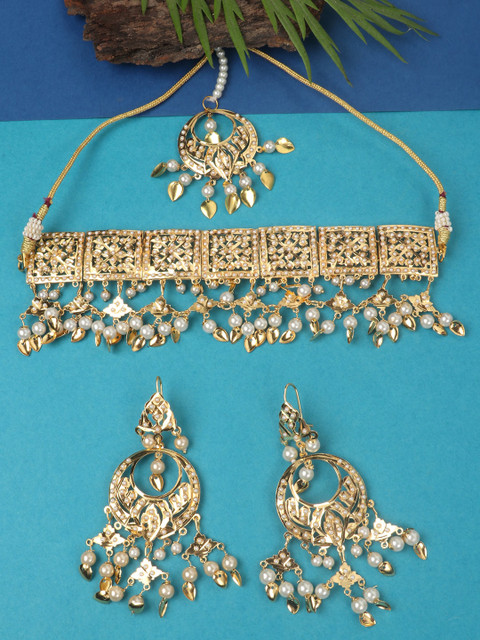 

JEWELS GEHNA Gold-Plated White Pearl Beaded Jadau Traditional Polki Choker Jewellery Set