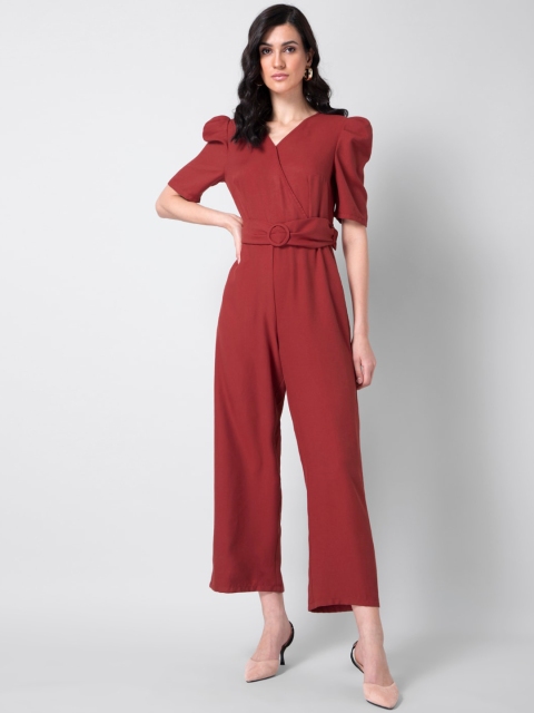 

FabAlley Women Rust Solid Belted Wrap Basic Jumpsuit