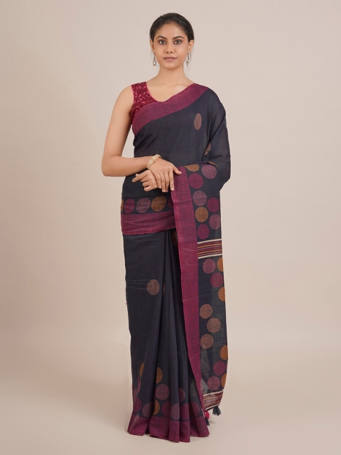 

Pothys Navy Blue & Pink Linen Blend Printed Saree