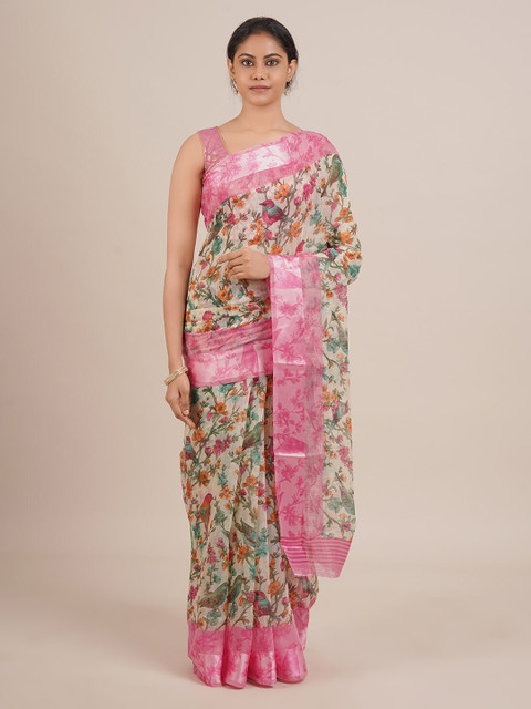 

Pothys Cream-Coloured Printed Linen Blend Saree