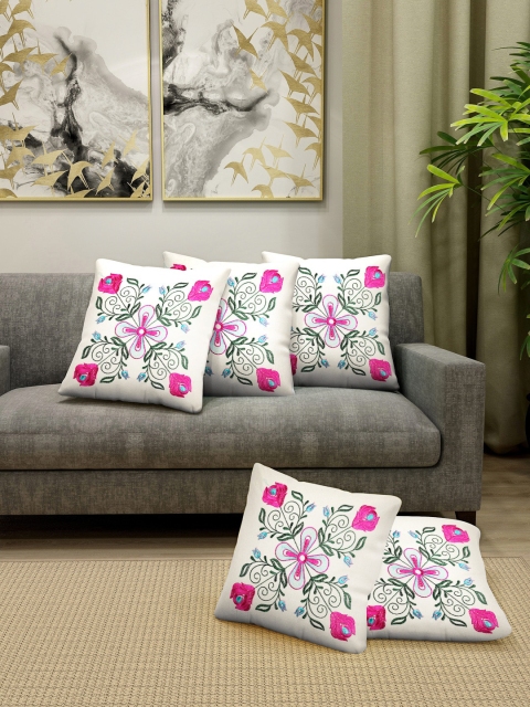 

KLOTTHE White & Pink Set of 5 Embroidered Square Cushion Covers