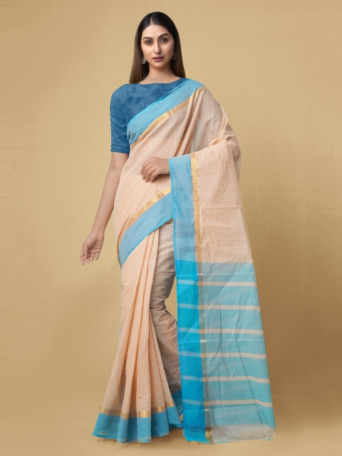 

Unnati Silks Taupe & Blue Pure Cotton Checked Mangalagiri Saree