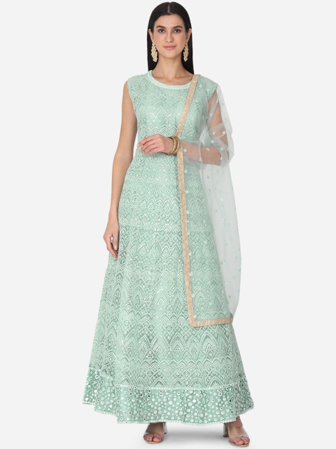 

BOMBAY SELECTIONS Women Sea Green Embroidered Kurta with Churidar & Dupatta
