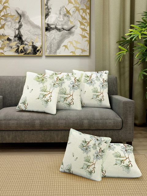 

KLOTTHE White & Green Set of 5 Floral Square Cushion Covers