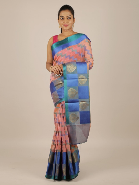 

Pothys Peach-Coloured & Blue Cotton Blend Woven Design Saree