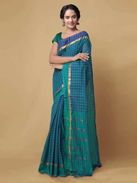 

Unnati Silks Blue Pure Cotton Checked Mangalagiri Saree
