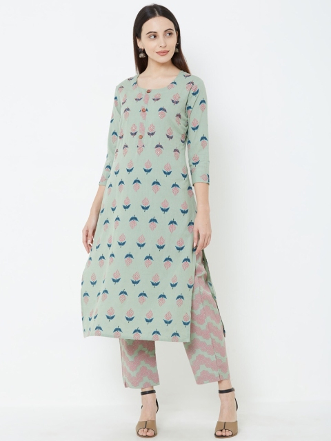 

FASHOR Women Green & Pink Printed Kurta with Trousers