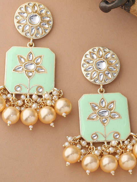 

Shoshaa Gold-Toned & Sea Green Square Drop Earrings