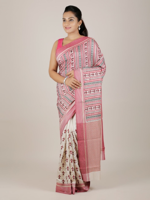 

Pothys Cream-Coloured & Pink Jute Silk Printed Saree