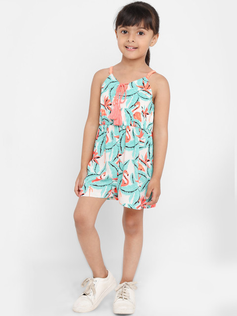 

Nauti Nati Girls White & Turquoise Blue Printed Playsuit