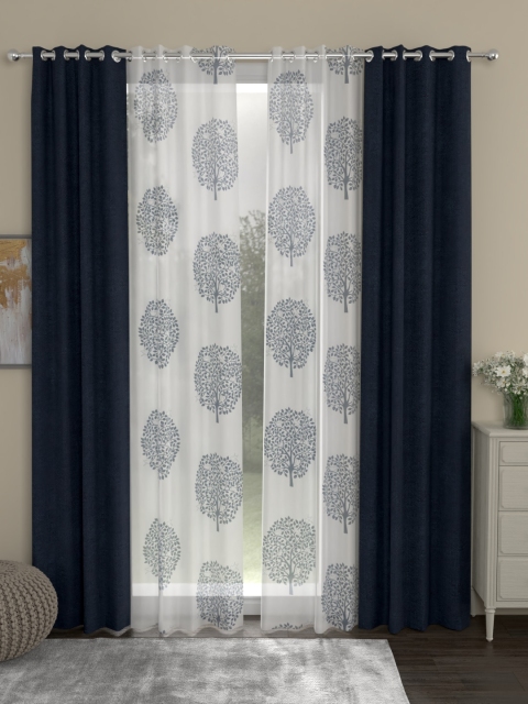 

ROSARA HOME Navy Blue & White Set of 4 Chenille Long Door Curtains