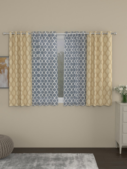 

ROSARA HOME Beige & Grey Set of 4 Jacquard Regular & Sheer Window Curtains