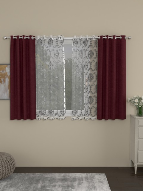 

ROSARA HOME Maroon & Silver-Toned Set of 4 Regular & Sheer Window Curtains