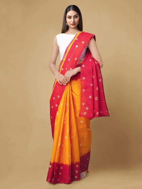 

Unnati Silks Orange & Red Pure Cotton Printed Bandhani Saree