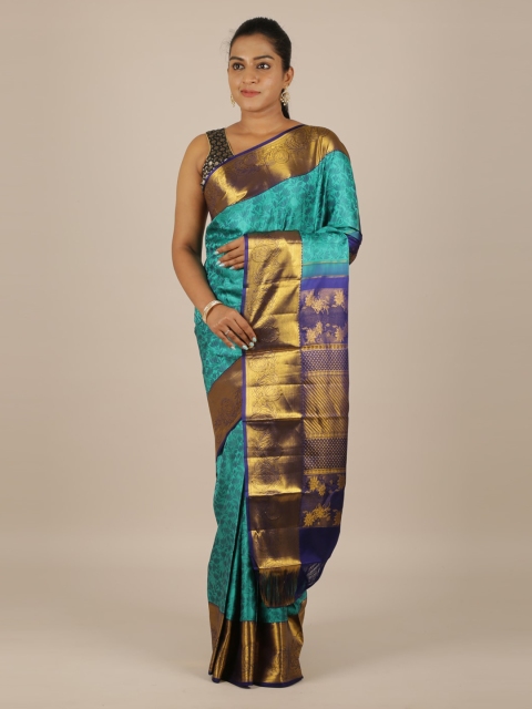 

Pothys Turquoise Blue & Gold-Toned Pure Silk Woven Design Kanjeevaram Saree