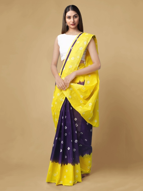 

Unnati Silks Yellow & Navy Blue Pure Cotton Printed Bandhani Saree