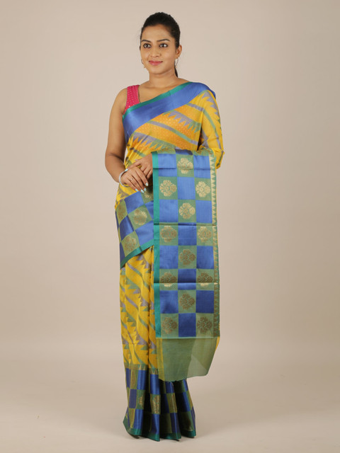 

Pothys Yellow & Turquoise Blue Cotton Blend Printed Saree