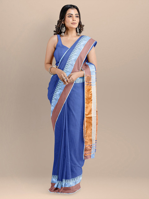 

BharatSthali Blue Silk Cotton Solid Maheshwari Saree
