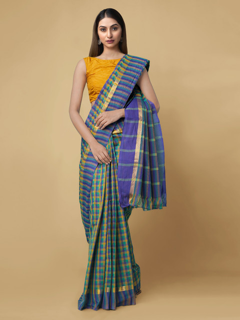 

Unnati Silks Multicoloured Pure Cotton Checked Mangalagiri Saree, Multi