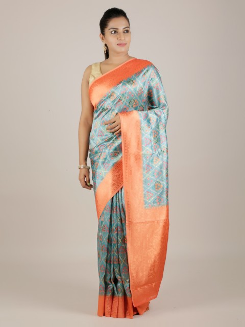 

Pothys Blue & Orange Jute Silk Printed Saree