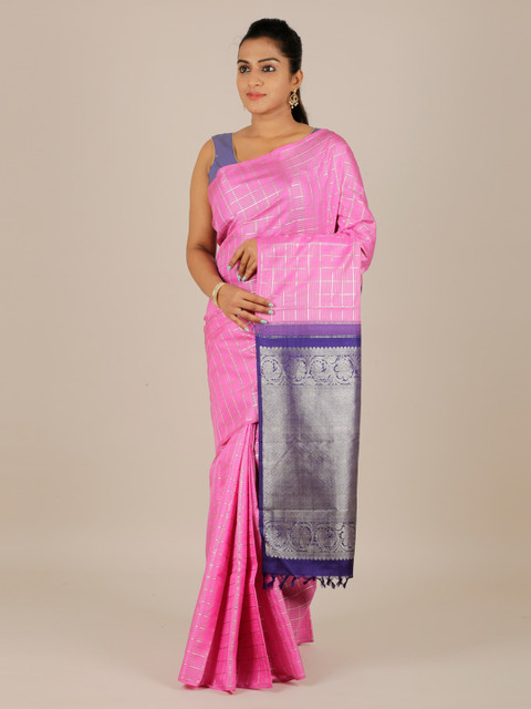 

Pothys Pink & Silver-Toned Pure Silk Checked Kanjeevaram Saree With Tasseled Pallu