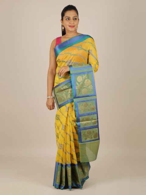 

Pothys Yellow & Blue Cotton Blend Woven Design Saree