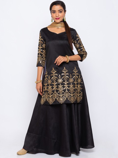 

6Y COLLECTIVE Women Black & Gold-Toned Embroidered Kurta with Sharara & Dupatta