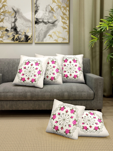 

KLOTTHE White & Pink Set of 5 Floral Embroidered Square Cushion Covers