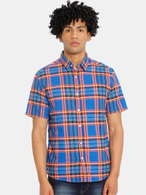 

Ruggers Men Blue & Orange Regular Fit Checked Cotton Blend Casual Shirt