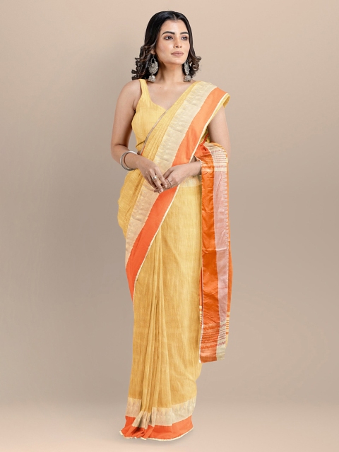 

BharatSthali Yellow & Orange Silk Cotton Solid Maheshwari Saree