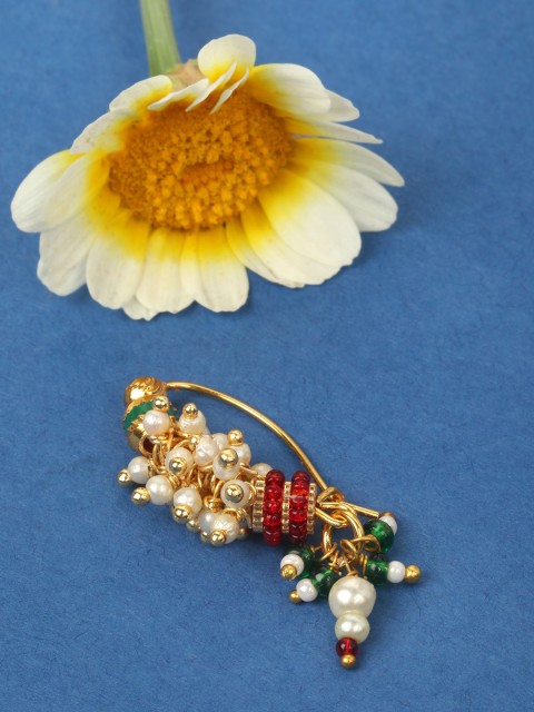 

JEWELS GEHNA Gold-Plated Red & White Beads & Pearl Studded Vilandi Maharashtrian Nath