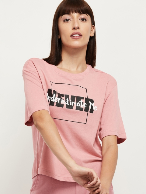 max Women Pink Printed Round Neck T-shirt