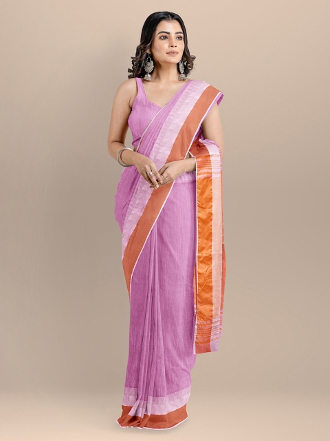 

BharatSthali Pink & Orange Silk Cotton Solid Maheshwari Saree