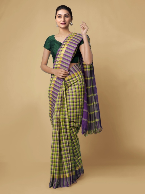 

Unnati Silks Purple & Green Pure Cotton Checked Mangalagiri Saree