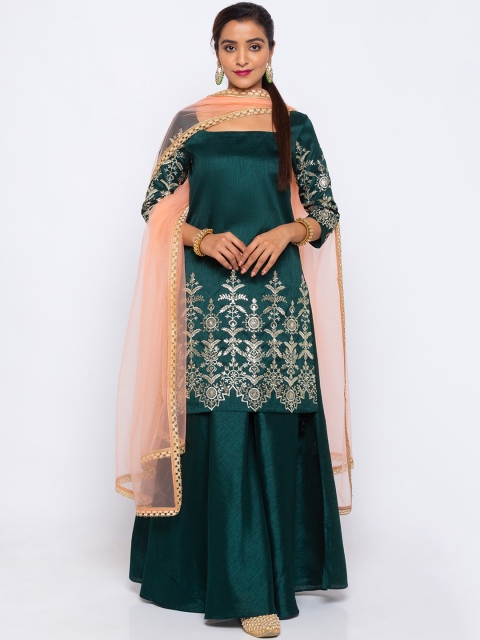 

6Y COLLECTIVE Women Green & Pink Woven Design Kurta with Skirt & Dupatta