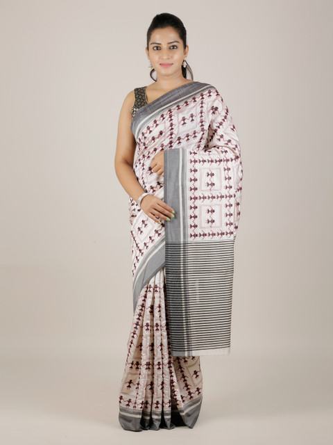 

Pothys Cream-Coloured Printed Jute Silk Saree