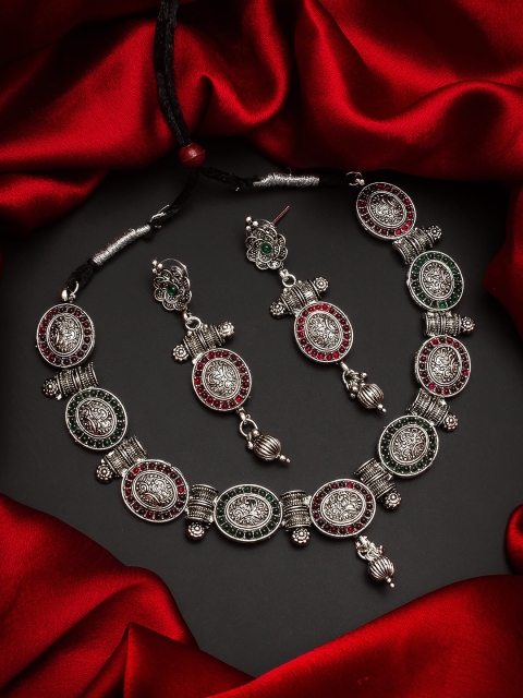 

aadita Oxidised Silver-Plated Red & Green Stone-Studded & Beaded Tribal Jewellery Set