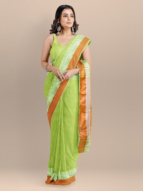 

BharatSthali Green Silk Cotton Solid Maheshwari Saree